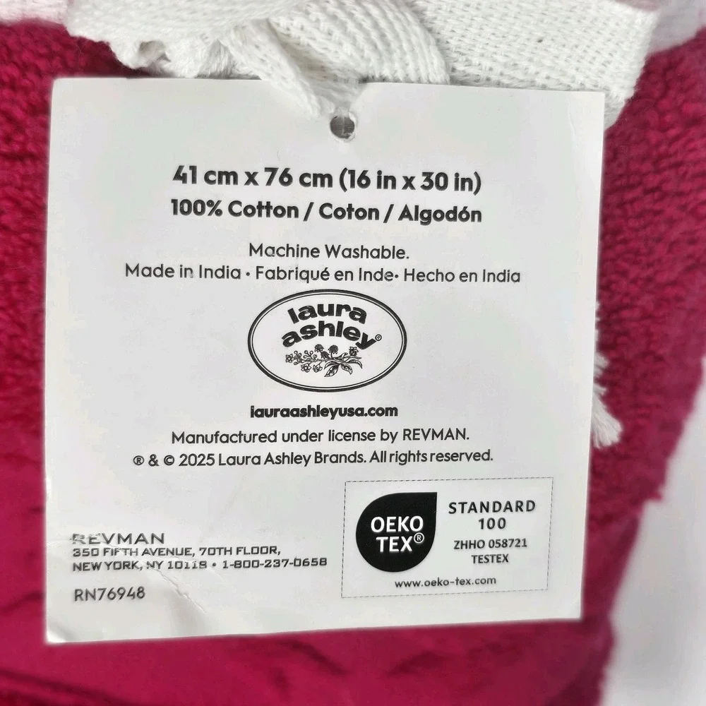 Laura Ashley 2pc Hand Towel Set Hot Pink Fuchsia Bow Embossed 16x30 OEKO-TEX New